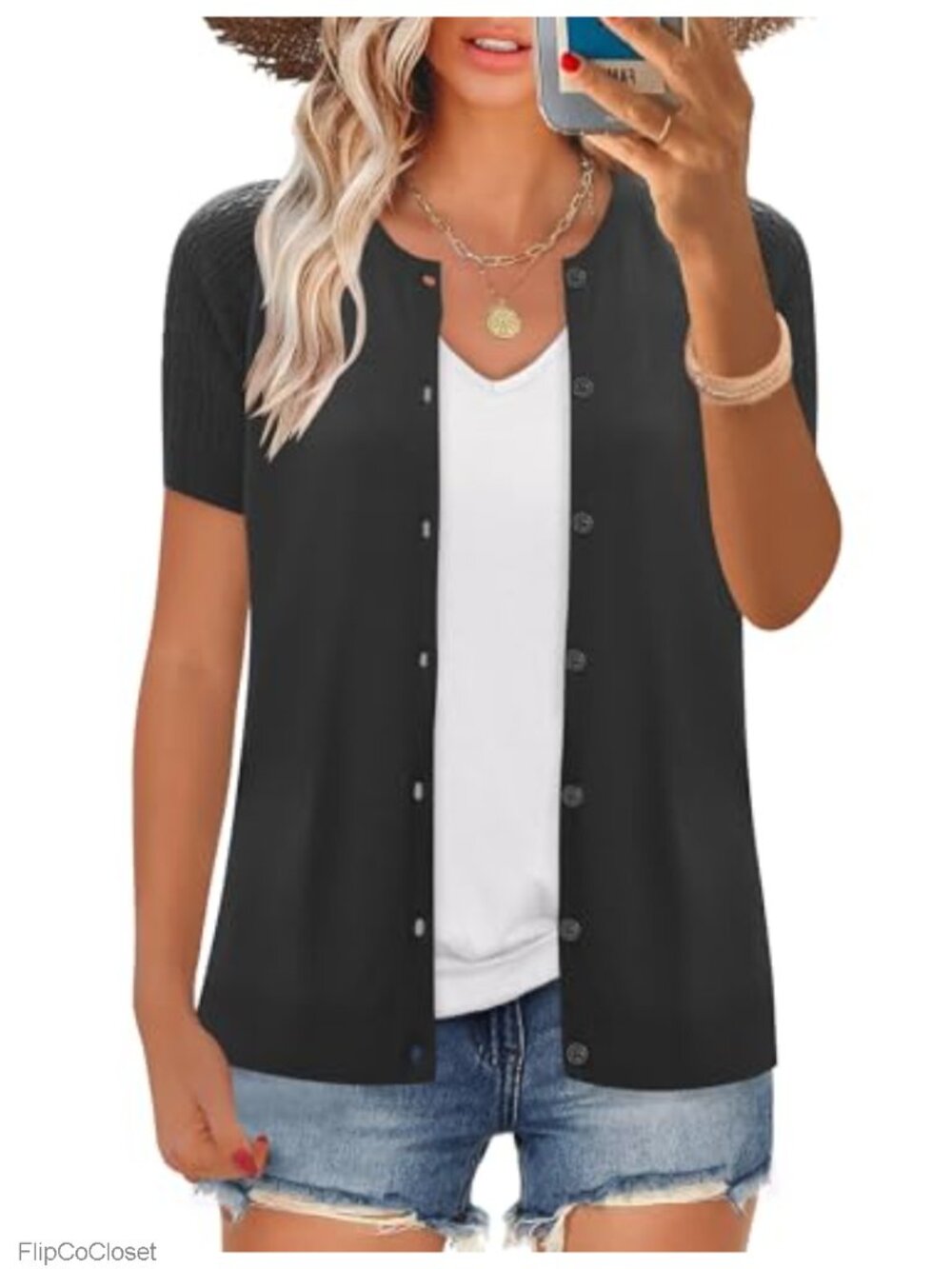 Women's Short Sleeve Crochet Cardigan Button Up Shrug Sweater